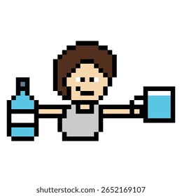 Dibujos animados de píxeles lindos 8 bits personaje hombre beber agua estilo de vida saludable decoración estilo de vida 8 bits chico varón beber agua de salud vidrio aislado Vector.