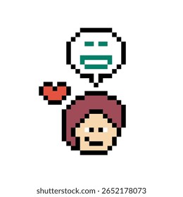 Cute pixel cartoon 8bit character man feel love happy happiness heart emotion decoration in love 8 bit male boy happy enjoy favorite like mood game isolated vector.