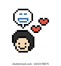 Cute pixel cartoon 8bit character man feel love happy happiness heart emotion decoration in love 8 bit male boy happy enjoy favorite like mood game isolated vector.