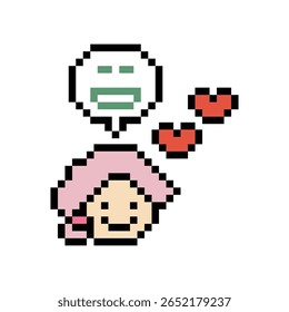 Cute pixel cartoon 8bit character woman lady feel love happy happiness heart emotion decoration in love 8 bit female girl happy favorite enjoy like mood game isolated vector.