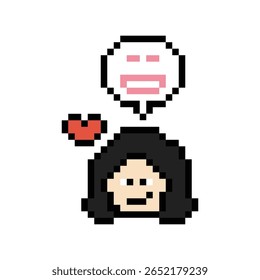 Cute pixel cartoon 8bit character woman lady feel love happy happiness heart emotion decoration in love 8 bit female girl happy favorite enjoy like mood game isolated vector.