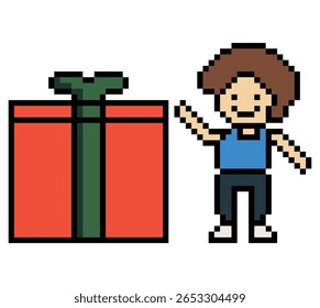 Dibujos animados de píxeles lindos 8 bits personaje hombre dar caja de regalo cumpleaños Navidad bono recompensa sorpresa decoración 8 bits chico masculino dar caja de regalo de compras bono día de Navidad juego 8 bits Vector.