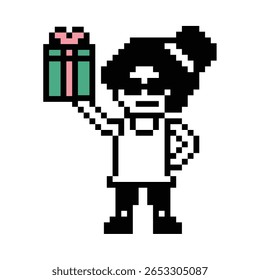 Cute pixel cartoon 8bit character woman give gift box birthday christmas bonus reward surprise decoration 8 bit female girl give gift box shopping bonus christmas day game vector.