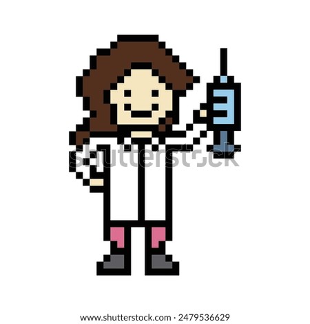 Cute pixel cartoon 8bit character woman doctor or scientist game care vector for decoration pharmacist female doctor in hospital 8 bit male pixel art vector.