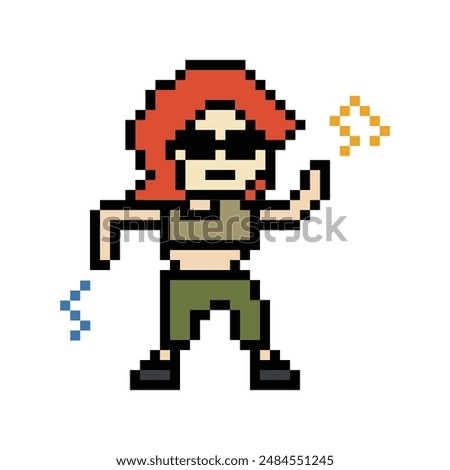 Cute pixel cartoon 8bit character woman exercises training dance lifestyle music decoration life style 8 bit female girl dance with music game fitness isolated vector.