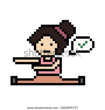 Cute pixel cartoon 8bit character woman lady aerobic yoga exercises training lifestyle stretch decoration life style 8 bit female girl exercise gym yoga fitness warm game vector.