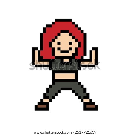 Cute pixel cartoon 8bit character woman exercises training dance lifestyle music decoration life style 8 bit female girl dance with music game fitness isolated PNG vector.