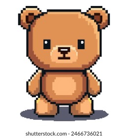 Netter Pixel-Cartoon-Bär-Charakter. Pixel-Art-Design isoliert auf weißem Hintergrund, 80er-90er Jahre, digitaler Vintage-Spielstil. Design für Textildruck, Cover-Vorlage, Stickerei, Aufkleber, Karton