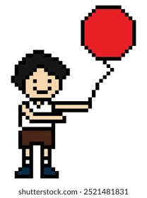 Desenho de pixel bonito personagem garoto menino segurar ou jogar balão decoração 8 bit man com balão pixel vetor jogo.