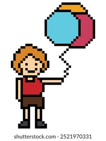 Cute pixel cartoon character boy kid hold or play balloon decoration 8 bit man with balloon pixel game vector.