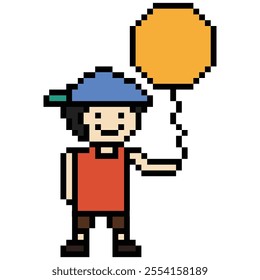 Cute pixel cartoon character boy kid child hold or play balloon bump decoration 8 bit man with balloon toy pixel game vector.