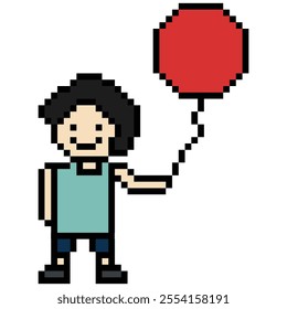 Cute pixel cartoon character boy kid child hold or play balloon bump decoration 8 bit man with balloon toy pixel game vector.