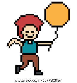 Cute pixel cartoon character boy kid child hold or play balloon bump float decoration 8 bit man with balloon toy pixel game 8bit decor vector.