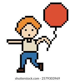 Cute pixel cartoon character boy kid child hold or play balloon bump float decoration 8 bit man with balloon toy pixel game 8bit decor vector.