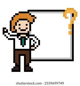 Cute pixel cartoon character business man with question mark decoration 8 bit male boy confused idea question mark businessman choose cartoon pixel game 8 bit vector.