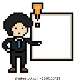 Cute pixel cartoon character business man notice alert exclamation mark decoration 8 bit businessman male boy surprise idea exclamation cartoon pixel game 8bit vector.