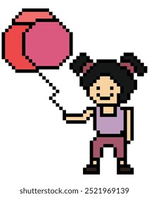 Cute pixel cartoon character girl kid hold or play balloon decoration 8 bit woman with balloon pixel game png vector.