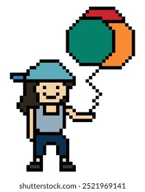 Cute pixel cartoon character girl kid hold or play balloon decoration 8 bit woman with balloon pixel game png vector.