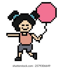 Cute pixel cartoon character girl kid child hold or play balloon bump decoration 8 bit woman lady children with balloon toy float pixel game 8bit vector.