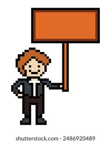 Cute pixel cartoon character man hold wooden sign wood board decoration 8 bit male with blank space sign wooden pixel game vector.