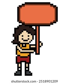 Cute pixel cartoon character man hold wooden sign wood board decoration 8 bit male with blank space sign wooden pixel game vector.