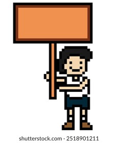 Cute pixel cartoon character man hold wooden sign wood board decoration 8 bit male with blank space sign wooden pixel game vector.