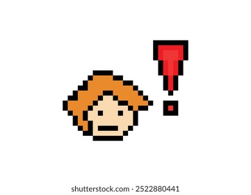Cute pixel cartoon character man with exclamation mark decoration 8 bit male boy surprise idea exclamation alert cartoon pixel game vector.