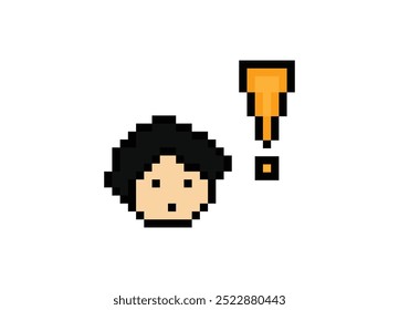 Cute pixel cartoon character man with exclamation mark decoration 8 bit male boy surprise idea exclamation alert cartoon pixel game vector.