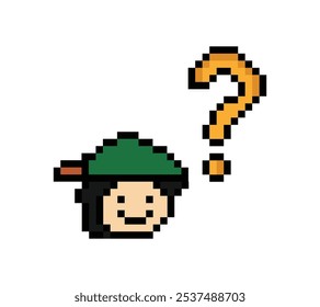 Cute pixel cartoon character man with question mark decoration 8 bit male boy confused idea question think choose cartoon pixel game vector.