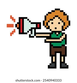 Hombre lindo del carácter de la historieta del pixel con la información del altavoz del anuncio del megáfono anuncia la decoración Vector masculino del juego del pixel de la historieta del megáfono del muchacho de 8 pedazos.