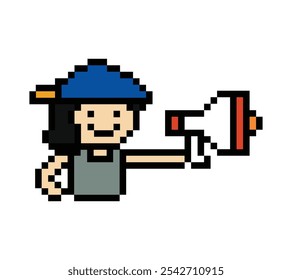 Homem de personagem de desenho animado de pixel bonito com anúncio de megafone informações do orador anunciar decoração 8 bits masculino megafone megafone vetor de jogo de pixel de desenho animado. 