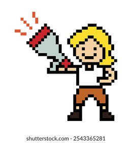 Cute pixel cartoon character man with megaphone announcement speaker information announce decoration 8 bit male boy megaphone cartoon pixel game vector. 