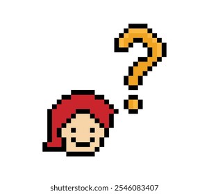 Cute pixel cartoon character man with question mark decoration 8 bit male boy confused idea question think choose cartoon pixel game vector.