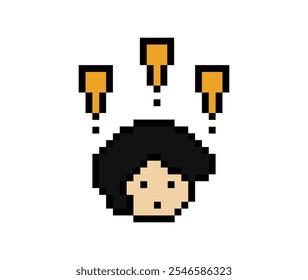 Cute pixel cartoon character man notice with exclamation mark decoration 8 bit male boy surprise idea exclamation alert cartoon pixel game vector.