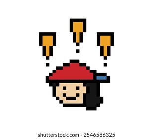 Cute pixel cartoon character man notice with exclamation mark decoration 8 bit male boy surprise idea exclamation alert cartoon pixel game vector.