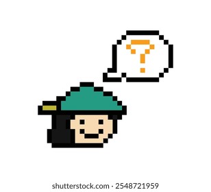 Hombre lindo del carácter de la historieta del pixel con la decoración del signo de interrogación 8 pedazos de pregunta masculina confundida del muchacho de la idea piensa elegir el Vector del juego del pixel de la historieta.