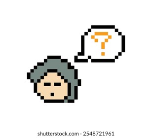 Hombre lindo del carácter de la historieta del pixel con la decoración del signo de interrogación 8 pedazos de pregunta masculina confundida del muchacho de la idea piensa elegir el Vector del juego del pixel de la historieta.