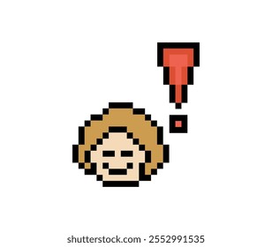 Cute pixel cartoon character man notice with exclamation mark decoration 8 bit male boy surprise idea exclamation alert cartoon pixel game vector.