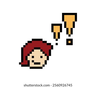 Cute pixel cartoon character man notice with exclamation mark decoration 8 bit male boy surprise idea exclamation alert cartoon pixel game 8bit vector.