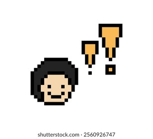 Cute pixel cartoon character man notice with exclamation mark decoration 8 bit male boy surprise idea exclamation alert cartoon pixel game 8bit vector.