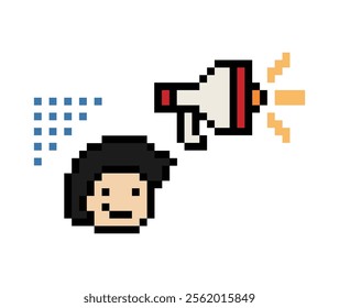 Cute pixel cartoon character man with megaphone announcement speaker information announce decoration 8 bit male boy megaphone cartoon pixel game 8bit vector.