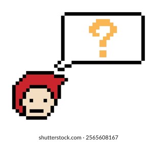 Cute pixel cartoon character man with question mark decoration 8 bit male boy confused idea question mark think choose cartoon pixel game 8bit vector.