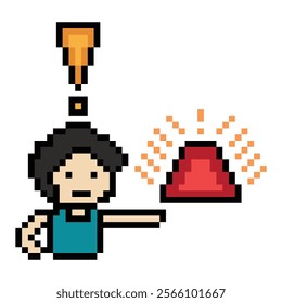 Cute pixel cartoon character man notice with exclamation mark decoration 8 bit male boy surprise idea exclamation alert cartoon pixel game 8bit vector.