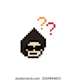 Cute pixel cartoon character man with question mark decoration 8 bit male boy confused idea question mark think choose cartoon pixel game 8bit vector.