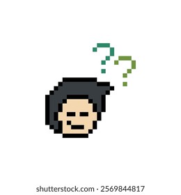 Cute pixel cartoon character man with question mark decoration 8 bit male boy confused idea question mark think choose cartoon pixel game 8bit vector.