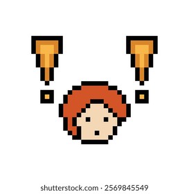 Cute pixel cartoon character man notice with exclamation mark decoration 8 bit male boy surprise idea exclamation alert cartoon pixel game 8bit vector.