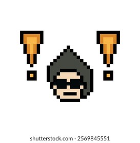 Cute pixel cartoon character man notice with exclamation mark decoration 8 bit male boy surprise idea exclamation alert cartoon pixel game 8bit vector.