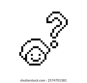 Cute pixel cartoon character man with question mark decoration 8 bit male boy confused idea question mark think choose cartoon pixel game 8bit vector.