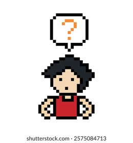 Cute pixel cartoon character man with question mark decoration 8 bit male boy confused idea question mark think questionnaire choose cartoon pixel game 8bit vector.