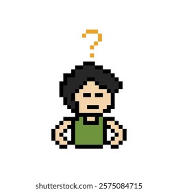 Cute pixel cartoon character man with question mark decoration 8 bit male boy confused idea question mark think questionnaire choose cartoon pixel game 8bit vector.